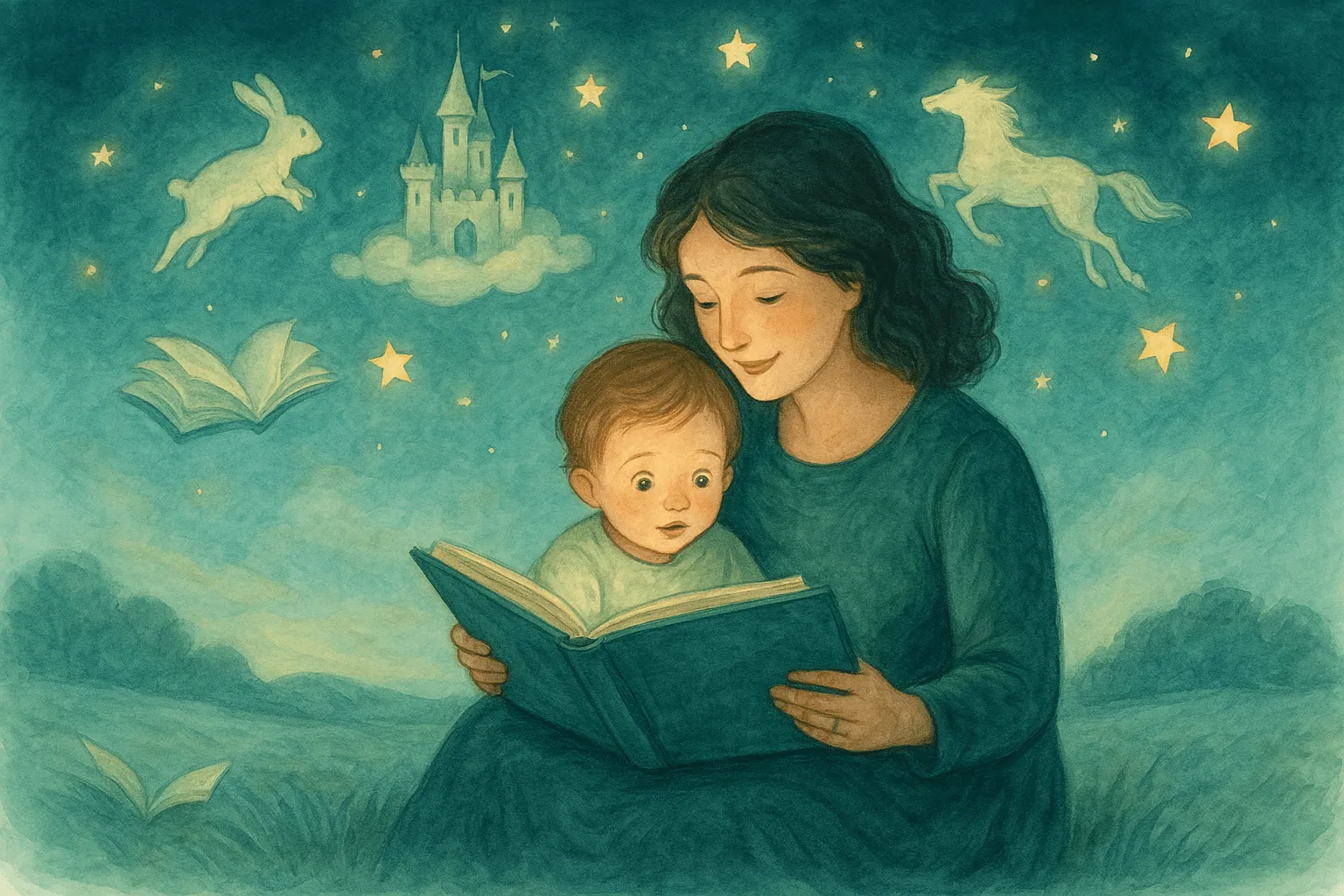 Mother reading to child surrounded by magical illustrations